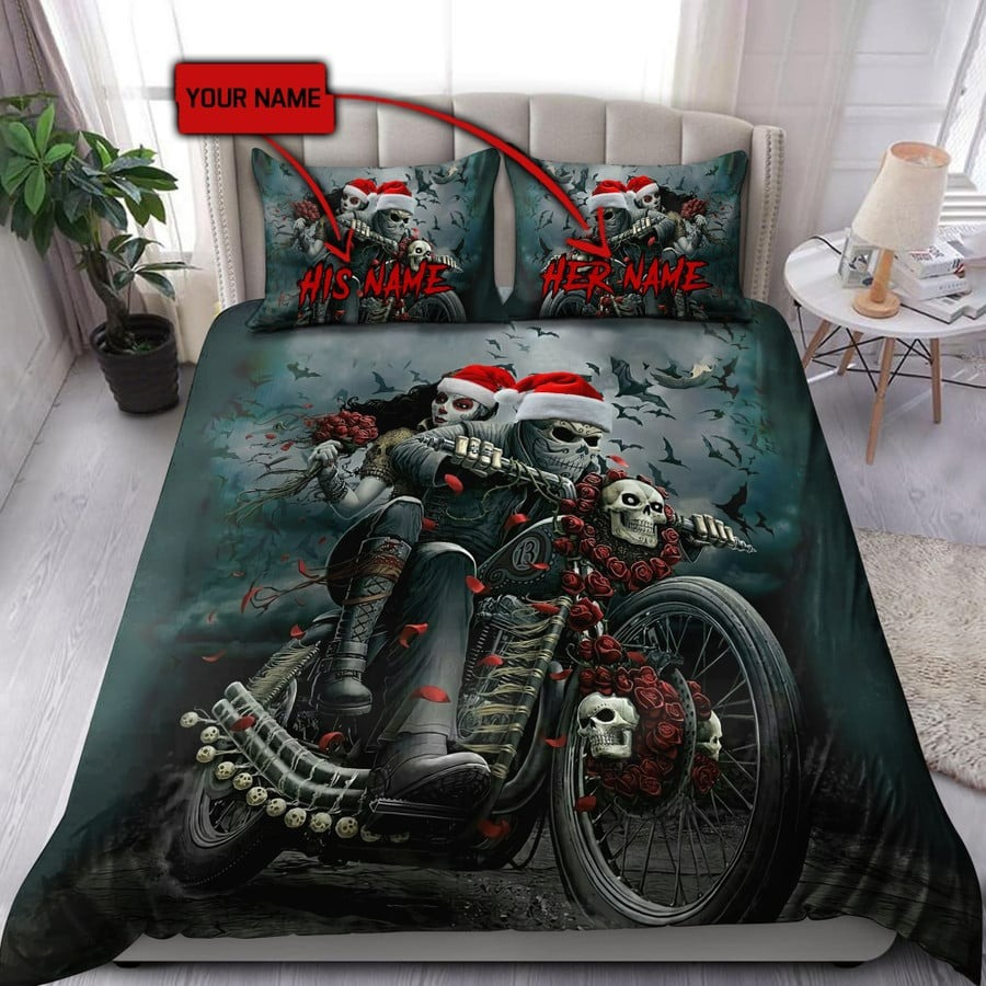 Custom Name Biker Couple Skull Bedding Set Gifts For Christmas