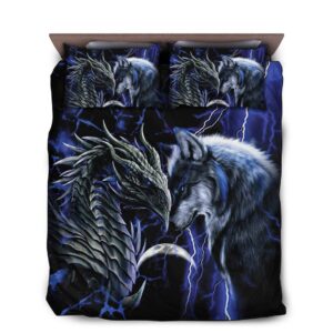 Dragon And Wolf Bedding Set Blue