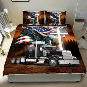 Truck Driver Bedding Set Jesus American Flag Eagle Black Truck
