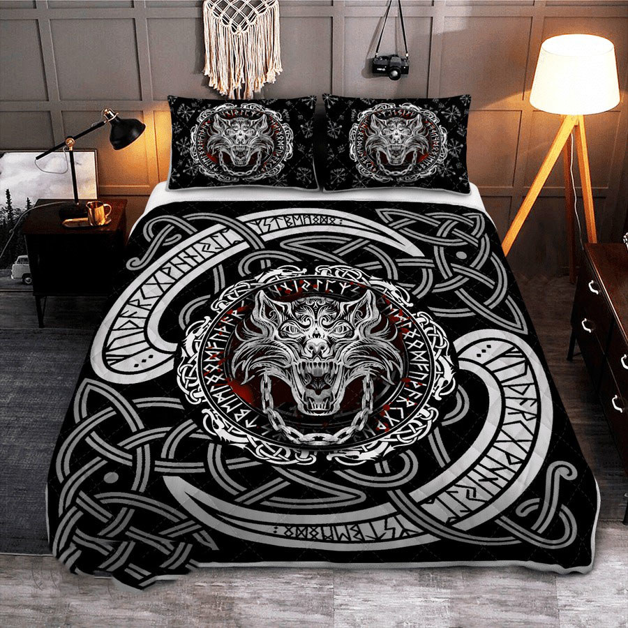 Viking Quilt Set Fenrir Wolf With Norse Pattern